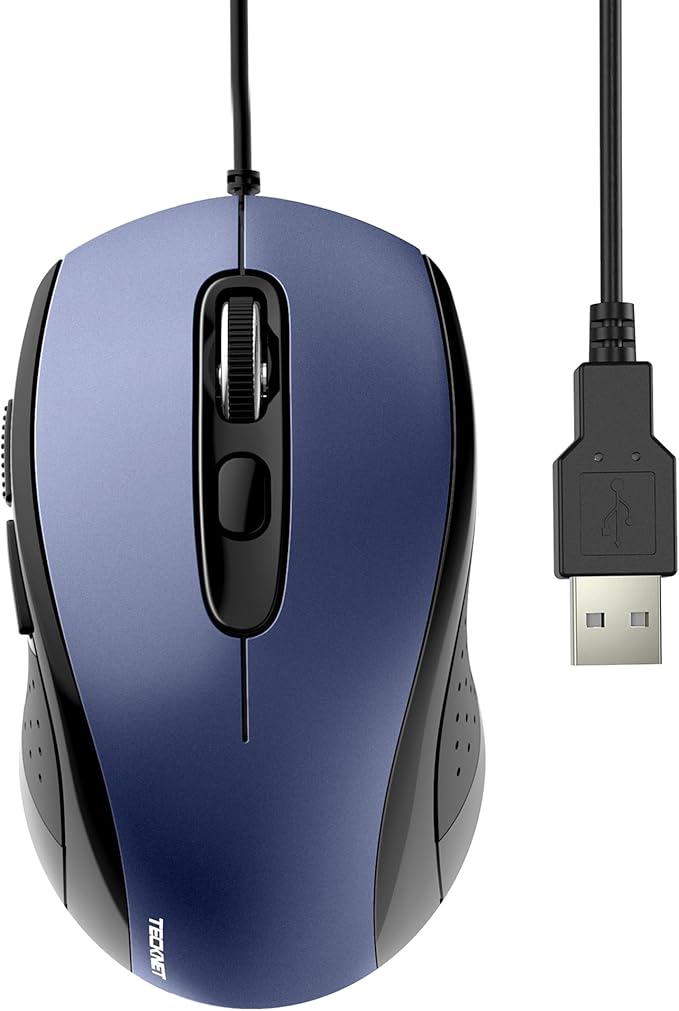 TECKNET USB Wired Mouse, 3600DPI Corded Computer Mouse with 4 Adjustable Levels, 6-Button 5FT Cord Ergonomic Mice, Home and Office Mice for Laptop PC Desktop Notebook - Blue