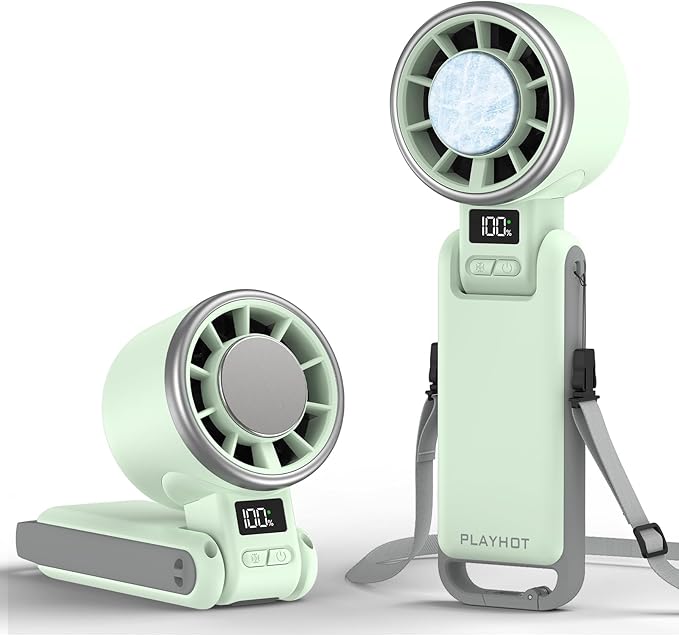 PlayHot Upgraded Portable Handheld Fan with 60°F Ice Cooling, Up tp 12Hrs Hand Held Portables Fans, 5 Speed 25550RPM Powerful Portable Fan Handheld, Hand/Neck/Desk Fan 3 IN 1(Green)