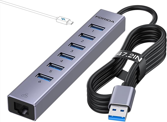 FORIDA Aluminum USB to Ethernet Adapter with 7-Port USB Hub – 3.9ft Long Cable, Gigabit Ethernet Port, 5V/3A Power Port | USB Extender Compatible with Windows, macOS, Linux & More