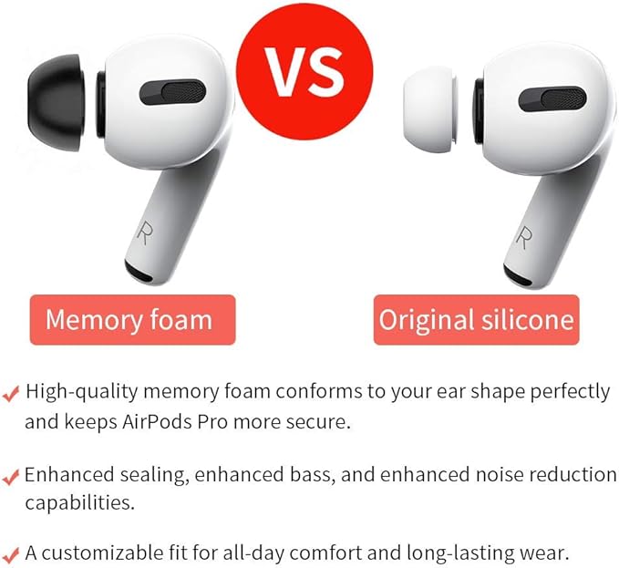 Lanwow Memory Foam Ear Tips for AirPods Pro 1st & 2nd Gen, 3 Pairs, Assorted S/M/L, Secure Fit, Black