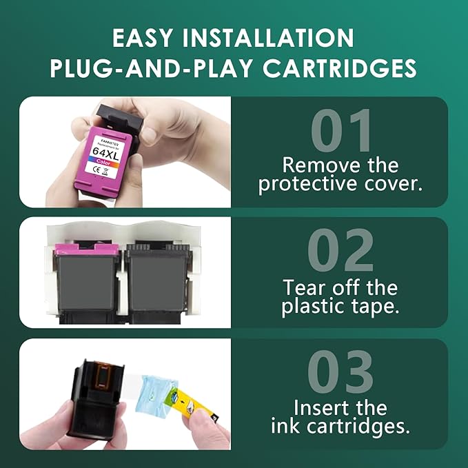 fannster 64XL Ink Cartridge Combo Pack Replacement for HP Ink 64 XL 64XL Black and Color Work for Envy Inspire 7955e 7255e Photo 7155 7855 7858 6222 Tango X Printer (1 Black 1 Tri-Color, 2 Pack)