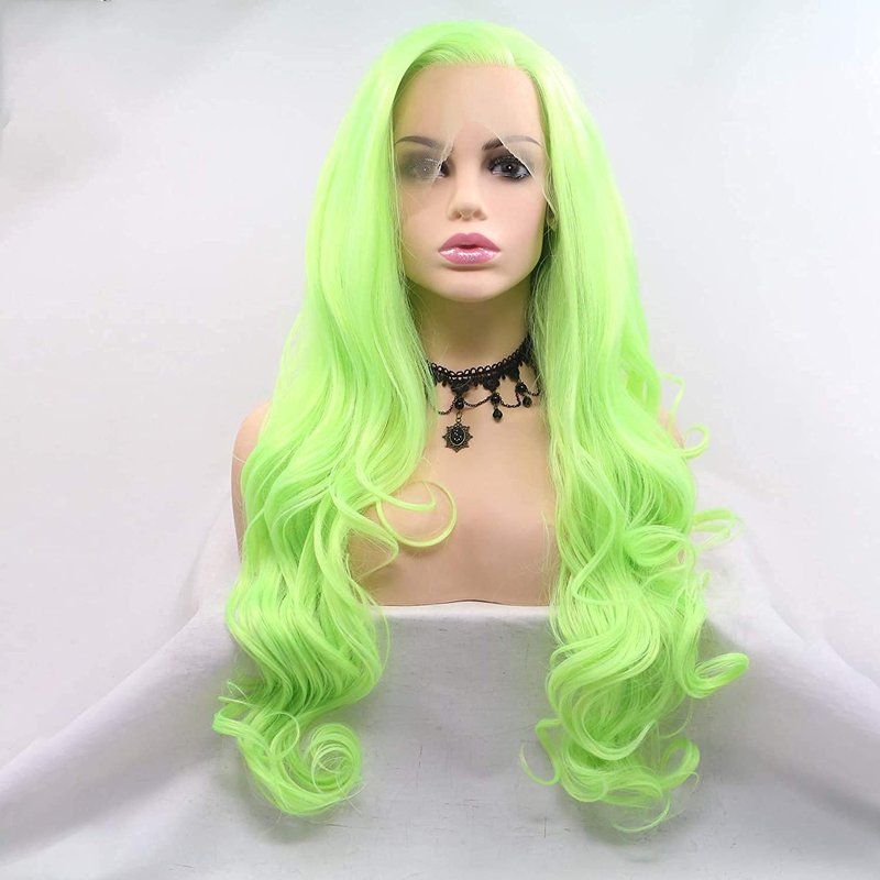 Neon Green Lace Front Wig Curly Fluorescent Green Synthetic Lace Front Wigs for Women Long Body Wave Pastel Glueless Lace Wigs Preplucked Hairline Real Hair Wig Baby Hair Daily Cosplay 24 Inch