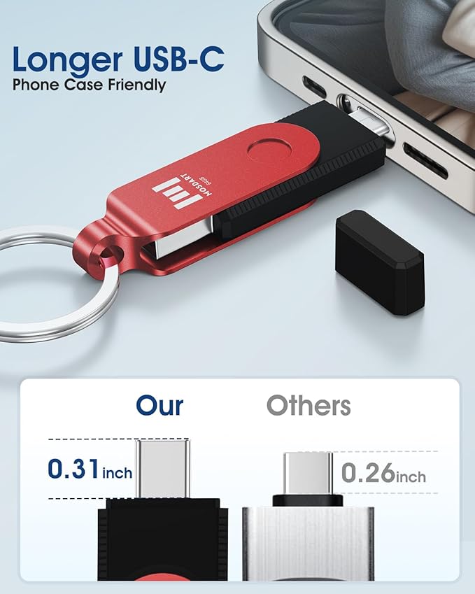 MOSDART 64GB USB C 3.2 Fast Speed C and A Dual Flash Drive, exFAT Memory Stick with Keychain and LED Indicator, for iPhone 15,16,17, Android Phone, iPad, MacBook, and Other Laptops, Red