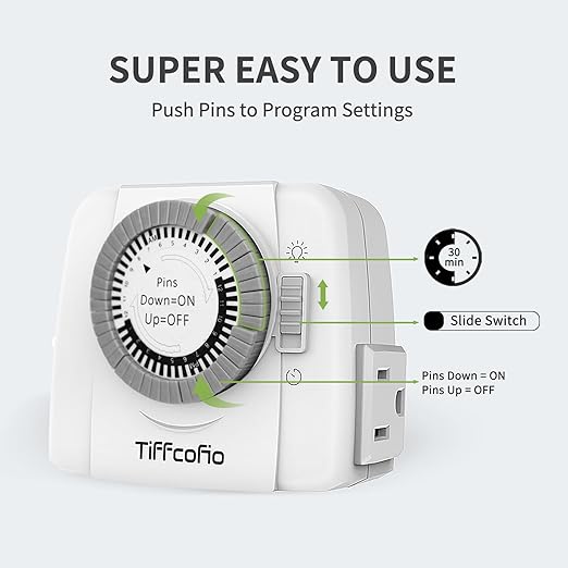TiFFCOFiO Indoor Mechanical Outlet Timer, 3 Prong Timers for Electrical Outlets, 24-Hour Programmable Plug in Light Timer, ETL Listed (2 Outlets, 2 Packs)