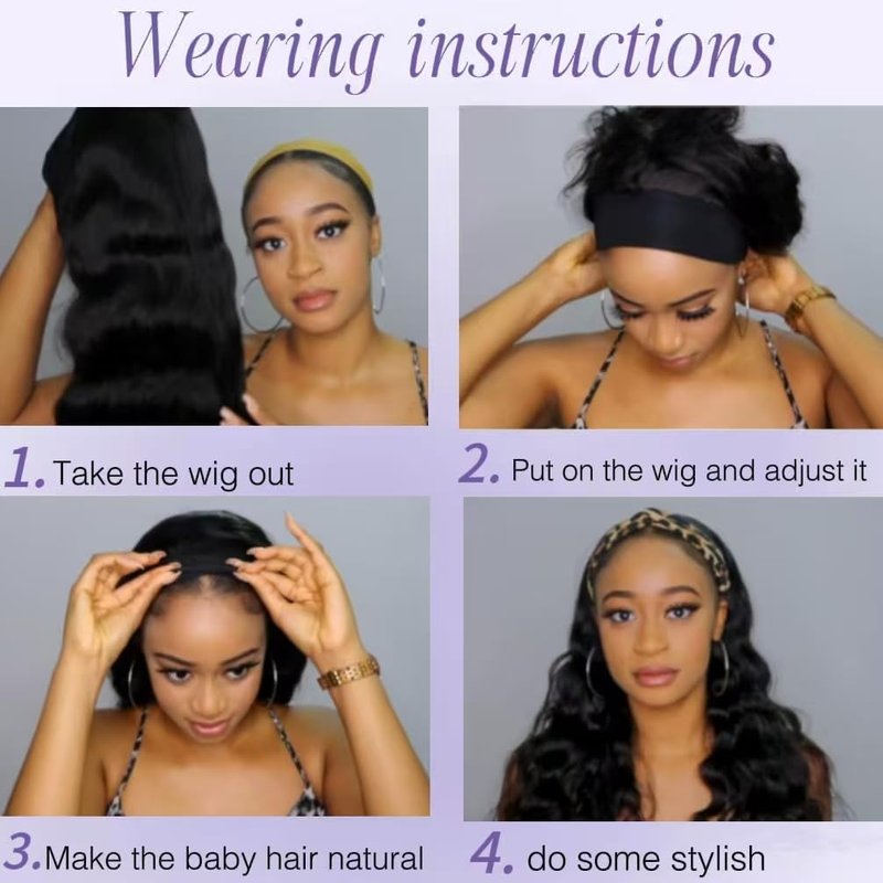 Headband Wig Human Hair Body Wave Wigs None Lace Front Wigs 100% Human Hair Brazilian Virgin 180% Density Natural Color (14inch)