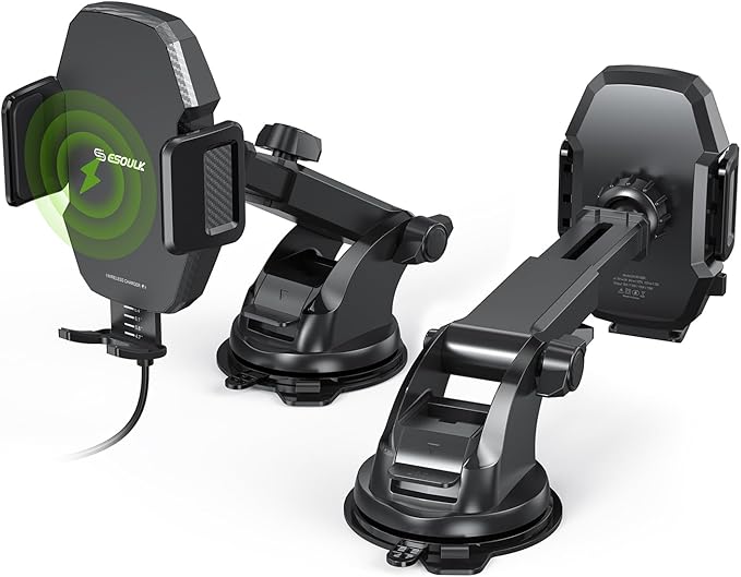 Esoulk Wireless Car Charger Phone Mount, 15W Fast Charging Car Mount Charger with Auto Clamping, Car Charger Phone Holder for iPhone, Wireless Charger Car Mount for Dashboard & Windshield