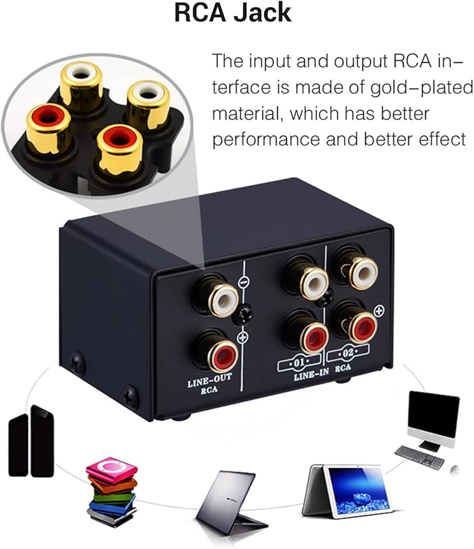 JINGFENG Audio Switcher RCA 2 in 1 Out/1 in 2 Out A/B Switch Stereo Audio Splitter Box with No Distortion RCA Jack for Switching Between Computer Speakers and Headphones