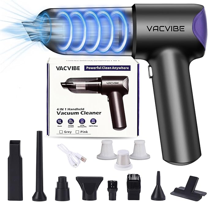 Vacvibe Car Vacuum Portable Cordless, 21000PA 4 in 1 Suck/Blow/Pump/Charger 120W Handheld Car Vacuum Cleaner and Air Duster, Brushless Motor Multi-Nozzles for Home Office Grey