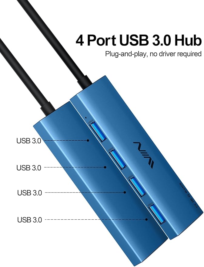 USB 3.0 Hub, 4 Port USB Hub Splitter, USB A Expander Portable USB Adapter Multiport Data Hub for Laptop, iMac Pro, MacBook Air, Mac mini/Pro, Surface Pro, USB Flash Drives, and Mobile HDD-Blue