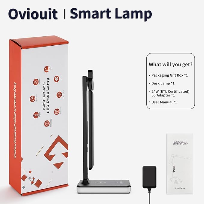 oviouit LED Desk Lamp with Charger, USB Charging Port, Dual Swing Arm Desk Light with 5 Brightness, 3 Colors, Table Lamp with Clock, Alarm, Date, Temperature, Desk Lamp for Home Office Study (Black)