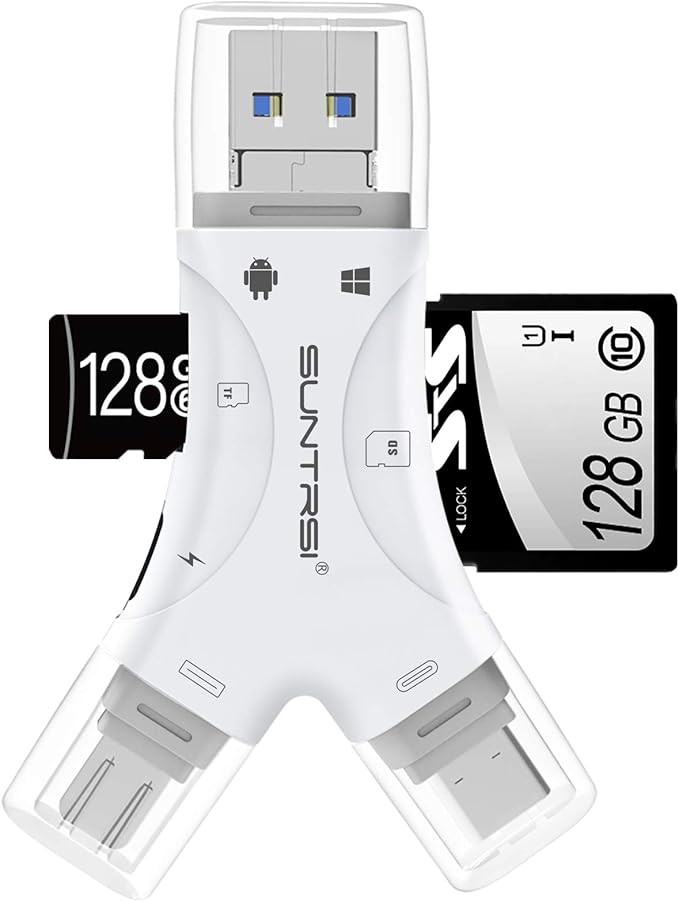 SD Card Reader for iPhone/ipad/Android/Mac/Computer/Camera,4 in1 Micro SD Card Reader Trail Camera Viewer, Portable Memory Card Reader SD Card Adapter for SD and TF Cards(White)
