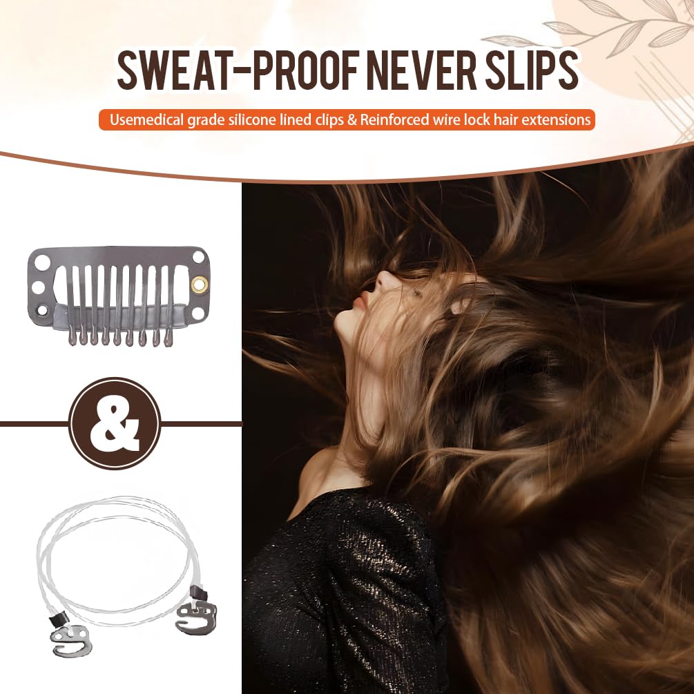 Invisible Wire Hair Extensions Real Human Hair - 12 Inch 70G Ash brown Transparent Fish Line Clip-Ins Hair Piece, 100% Remy Human Hair Extensions for Women