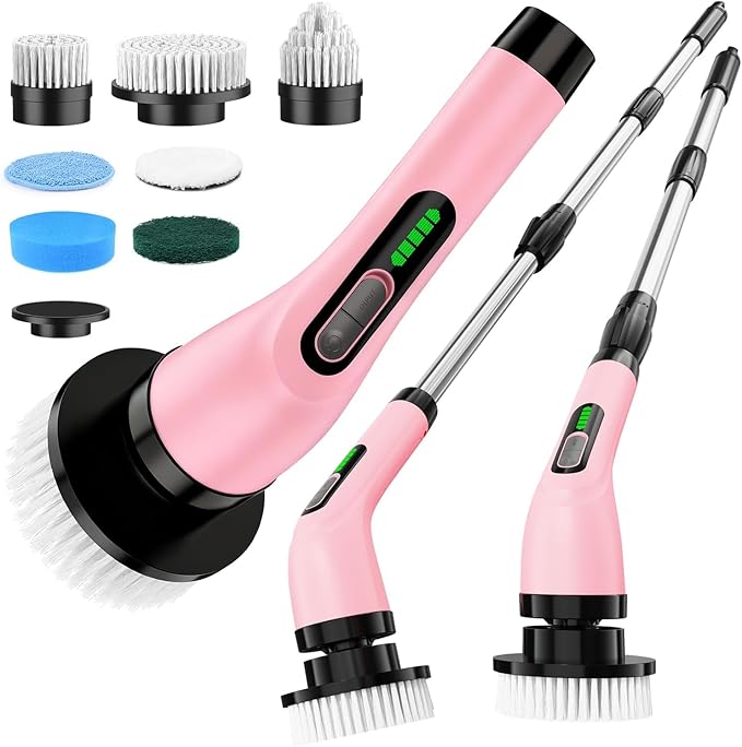 Electric Spin Scrubber for Cleaning Bathroom: Cordless Power Shower Scrubber - Electric Cleaning Brush for Tile Tub - Pink
