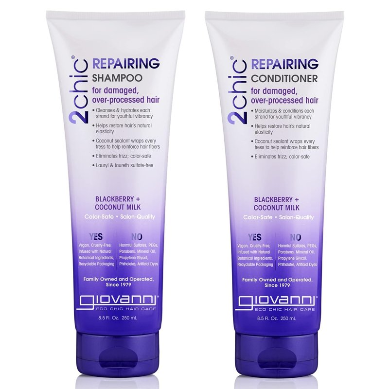 GIOVANNI 2chic Ultra-Repairing Shampoo & Conditioner Set - Bond Repair for Over-Processed Hair, Helps Restore Natural Elasticity, Blackberry & Coconut Oil, Shea Butter, Color Safe - 8.5 oz Each
