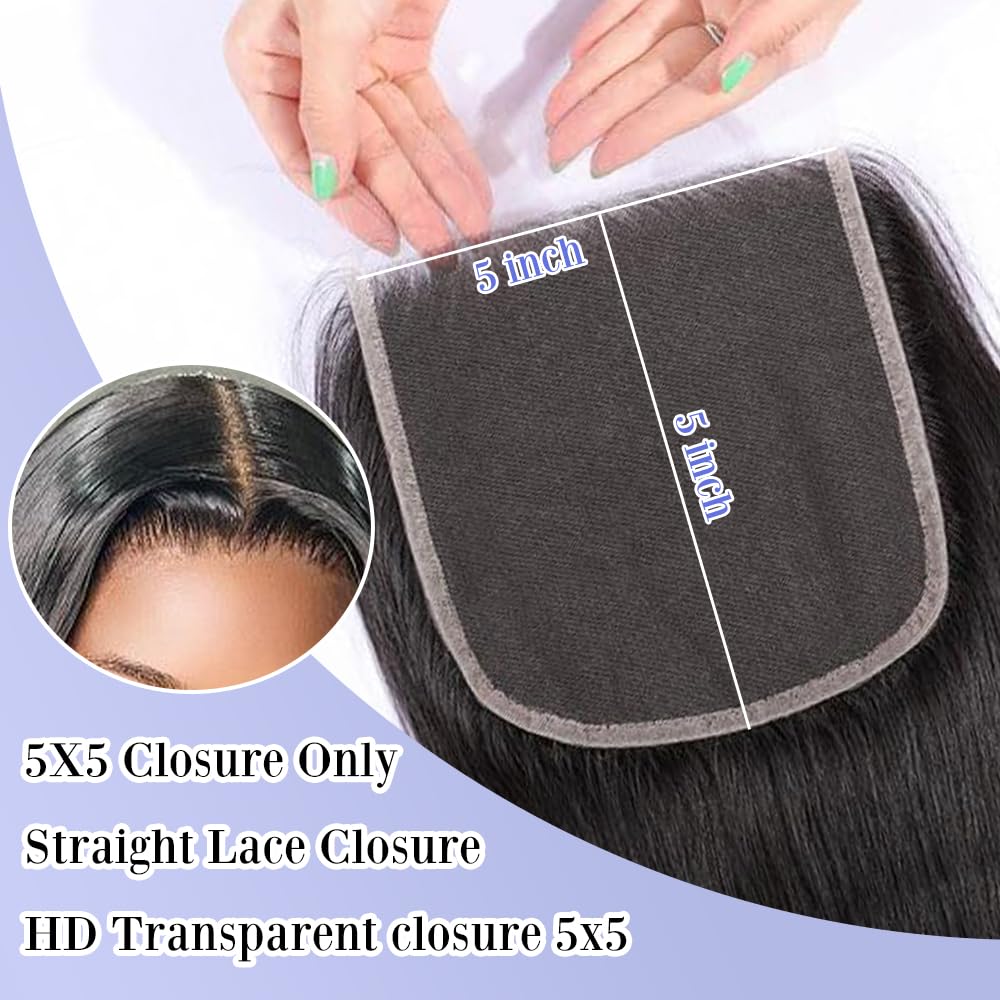 5x5 Transparent HD lace closure human hair Straight Invisible 150% Density 12A Real Transparent Lace Closure Virgin Human Hair Frontal Pre Plucked With Baby Hair Natural Black 20Inch