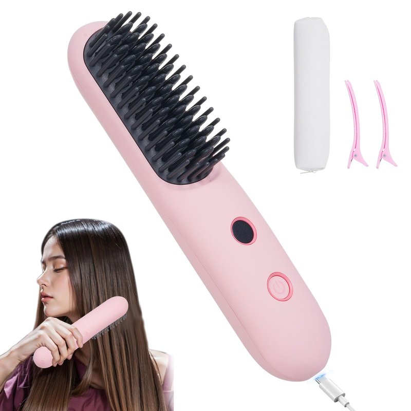 Bestauty Cordless Hair Straightener Brush, MCH Fast 20s Heating Technology, 320℉-356℉-392℉ 3 Levels Adjustable, Negative Ion Conditioning Hair Straightening Brush Volumizing Hot Comb (Baby Pink)