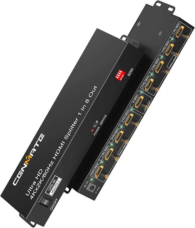 CENMATE HDMI Splitter 1 in 8 Out, 8 Port HDMI Splitter Support 4K@60Hz 4:4:4 8-bit Duplicate/Mirror, HDMI 2.0, 18 Gbps, EDID, HDCP, 3D Video Play
