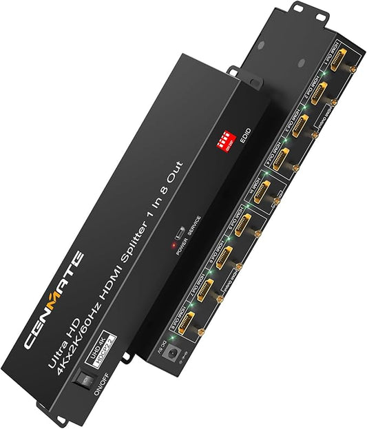 CENMATE HDMI Splitter 1 in 8 Out, 8 Port HDMI Splitter Support 4K@60Hz 4:4:4 8-bit Duplicate/Mirror, HDMI 2.0, 18 Gbps, EDID, HDCP, 3D Video Play