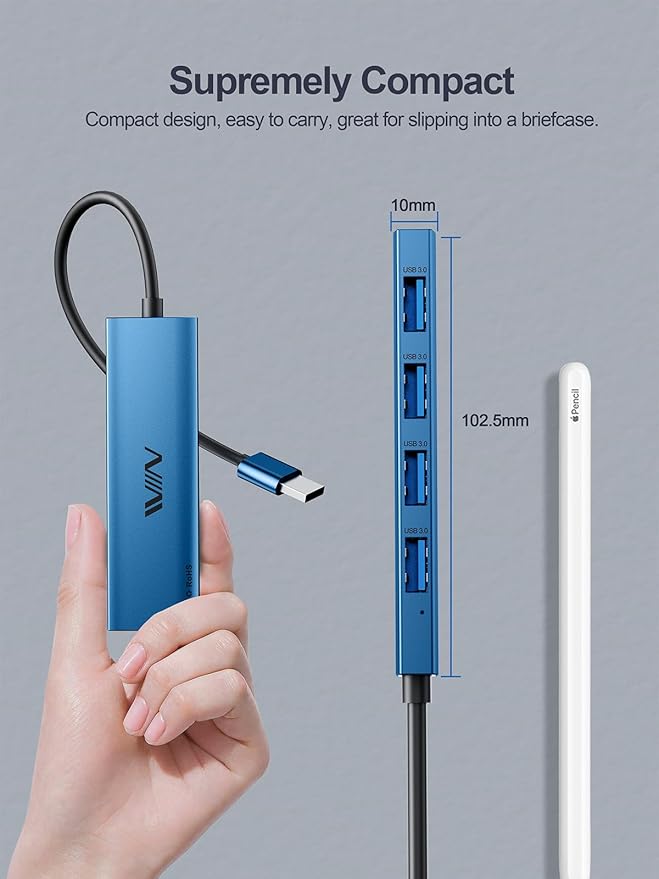 USB 3.0 Hub, 4 Port USB Hub Splitter, USB A Expander Portable USB Adapter Multiport Data Hub for Laptop, iMac Pro, MacBook Air, Mac mini/Pro, Surface Pro, USB Flash Drives, and Mobile HDD-Blue