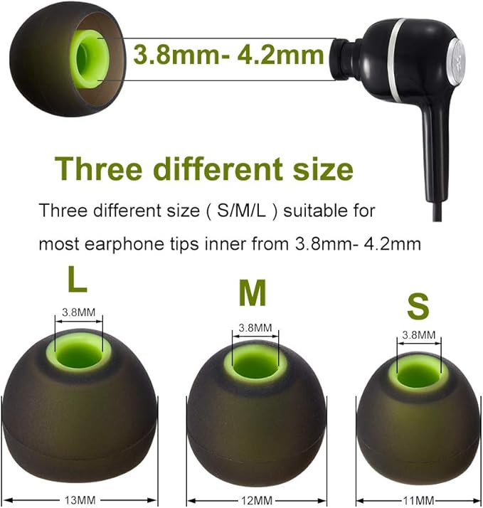 Earbud Tips High Quality Soft Silicone Earbuds Replacement Tips Fit for in-Ear Headphones(inner hole from 3.8mm - 4.2mm earphones)9 Pairs S/M/L,Black/Green