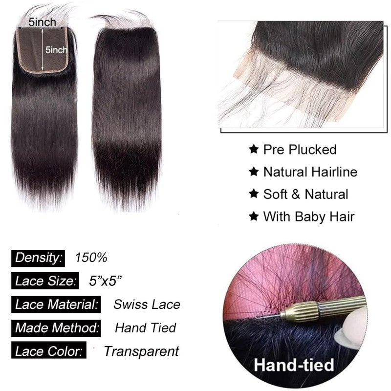 5x5 Lace Closure Straight Closure Human Hair Hd Transparent Lace Front 12A Virgin Human Hair Free Part Pre Plucked with Baby Hair Lace Frontal Natural Black Color 14 Inch
