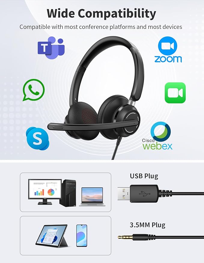JabNecter Wired Headphones with Microphone for PC, On-Ear Computer Laptop USB Headset with Noise Cancelling Microphone in-line Control for Home Office Online Class Skype Zoom, (3.5mm + USB)