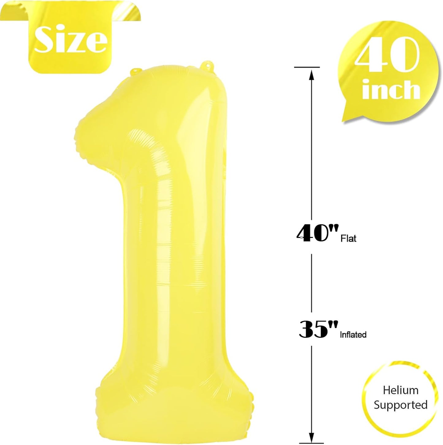 Yellow Number 1 Balloon - 40 Inch Shiny Birthday Decoration for Baby Boy or Girl