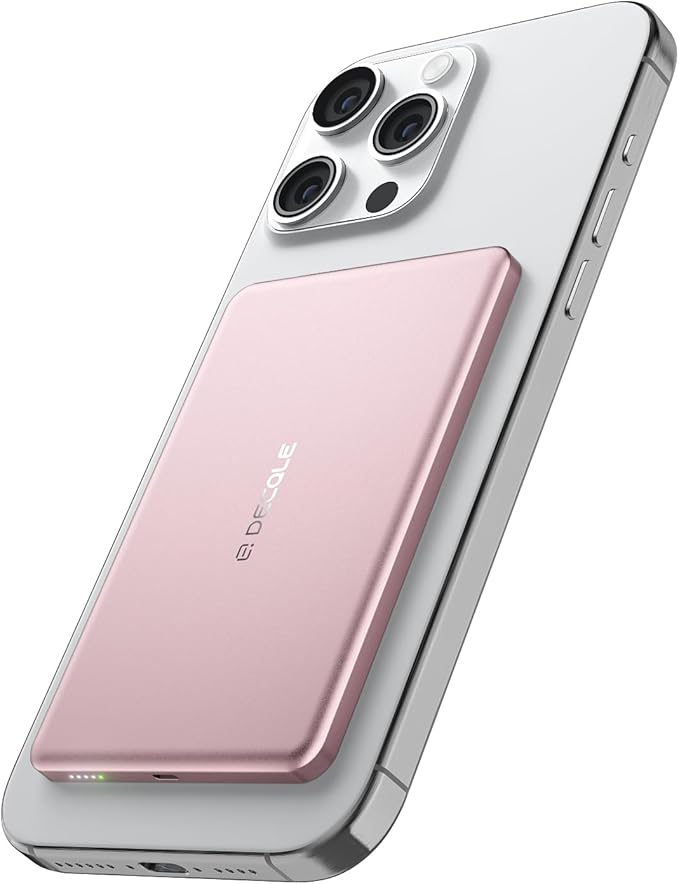 decqle “Air” Power Bank for MagSafe 5000mAh, Ultra Slim Magnetic Wireless Portable Battery Charger Case with USB-C Cable, Compatible with iPhone 17/16/15/14/13/12 Series Only (Pink)