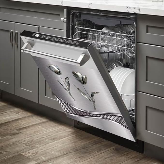 Stainless Steel Flower Pattern Dishwasher Cover Decorative Magnetic Sticker Kitchen Refrigerator Covers for The Front Fridge Door Magnet 23W x 17H inchs