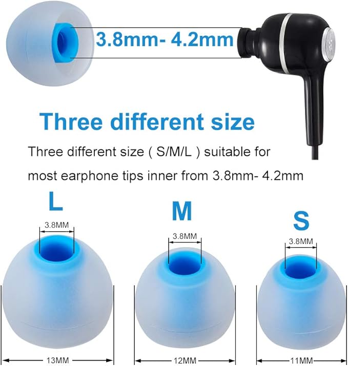 Earbud Tips High Quality Soft Silicone Earbuds Replacement Tips Fit for in-Ear Headphones(inner hole from 3.8mm - 4.2mm earphones)9 Pairs S/M/L,Transparent Blue