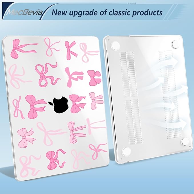 MecBevia Compatible with 2026 M5 MacBook Air 13 inch Case 2026 2025 2024-2022 M5 A3449 M4 A3240 M3 A3113 M2 A2681, Keyboard Cover, Screen Protector, Webcam Cover & Type-C OTG, Pink Bows