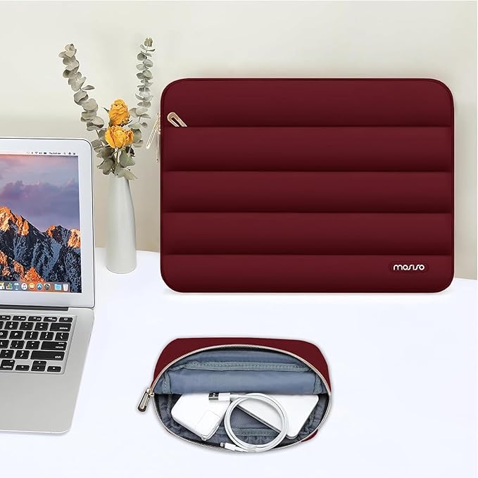 MOSISO Laptop Case 13.3 inch,13-13.3 inch Puffy Laptop Sleeve Compatible with MacBook Neo/Air 13.6 M5 M4 M3 M2 M1/Pro 13/14,HP Dell ASUS Lenovo,Polyester Horizontal Bag with Small Case, Red