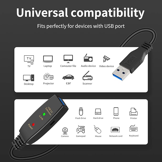 LDKCOK 75ft Active USB 3.0 Extension Cable with Signal Booster, USB A Male to Female Extender Cord, Includes Micro USB Power Cable for VR Headset, Webcam, Hard Drive, Printer, Xbox, Plug and Play