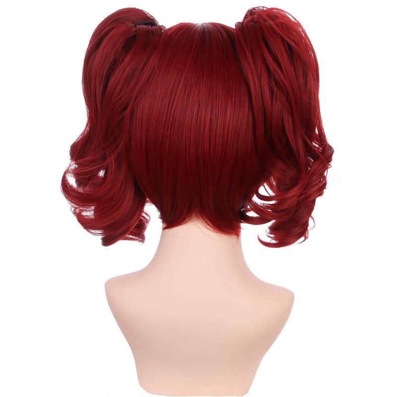 PATTNIUM Red Wig for Kids Girls Short Red Wig with Bangs Child Dark Red Ponytails Wig Include 2 Detachable Buns with Clips Synthetic Wig with Wig Cap(Red)