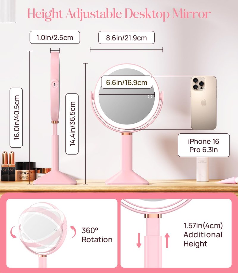 Gospire 20X Magnifying Makeup Mirror with Lights - Adjustable Height, 4000mAh Rechargeable Battery, 3 Dimmable Colors | Pink