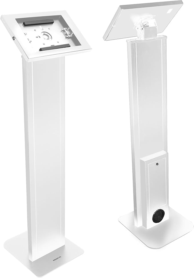 Mount-It! Anti-Theft iPad Floor Stand Kiosk, Locking Tablet Floor Stand for iPad Gen 7–11 & A16, Air & Pro (10.2"–11"), Commercial Kiosk for Retail, Lobby & Trade Show, White