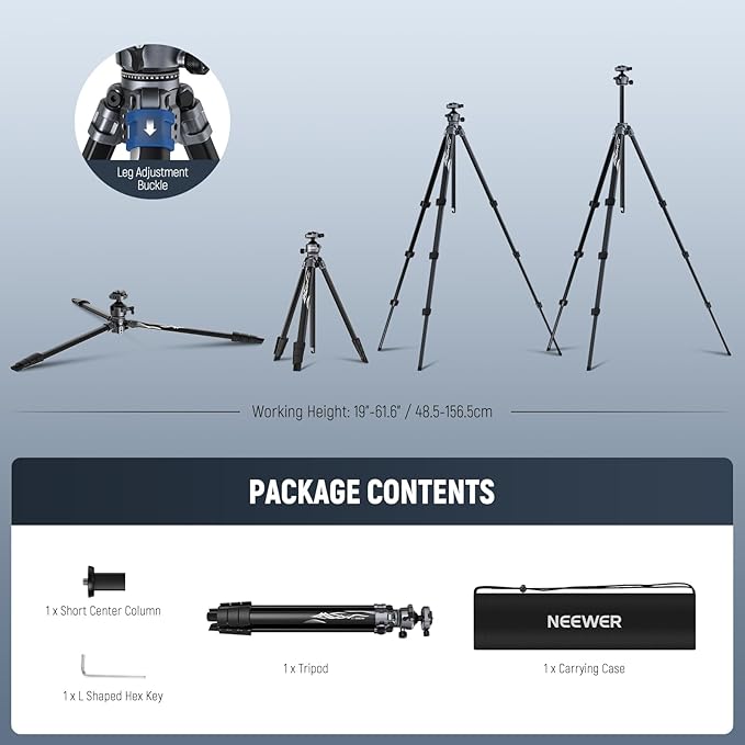 NEEWER LITETRIP LT07 61" Aluminum Travel Tripod Stand for Camera with Pan Tilt Low Profile Ball Head, Arca QR Plate Compatible with PD, Dual Center Axis, Max Load 22lb
