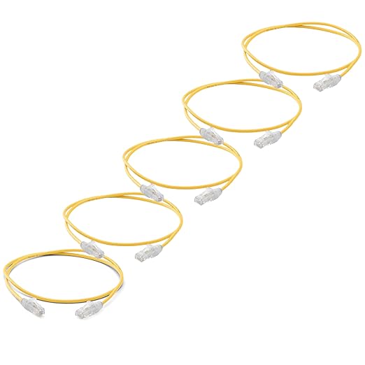 TRUECABLE Cat6 Component Rated Patch Cable, Unshielded (U/UTP), 3ft, Yellow, 28AWG Stranded Pure Copper, Snagless 10G High-Speed Ethernet Cable, PoE++ 4PPoE 100W, UL Listed, RoHS-3, 5 Pack