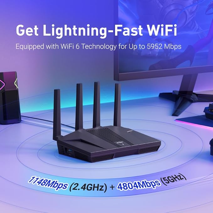 GL.iNet GL-MT6000 (Flint 2) WiFi 6 High Speed Gaming Routers for Wireless Internet, 2 x 2.5G Ethernet Ports, Long Range Computer VPN WiFi Router, Home & Business