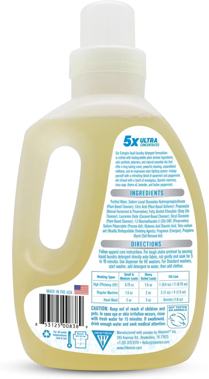 Hiketron Energize Liquid Laundry Detergent, 5x Ultra Concentrated, Tough Stains, Long Lasting Scent (40 Fl Oz, Pack of 1)