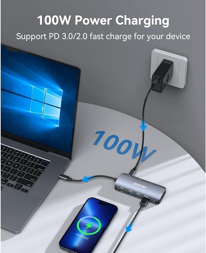 ABLEWE USB C Hub Ethernet, Multiport USB C to HDMI Hub, 8 in 1 4K@60Hz USBC Adapter,1000Mbps, 100W PD, 3 USB 3.0 Ports, Docking Station Compatible for MacBook, Tablet, Phone, Type C Devices