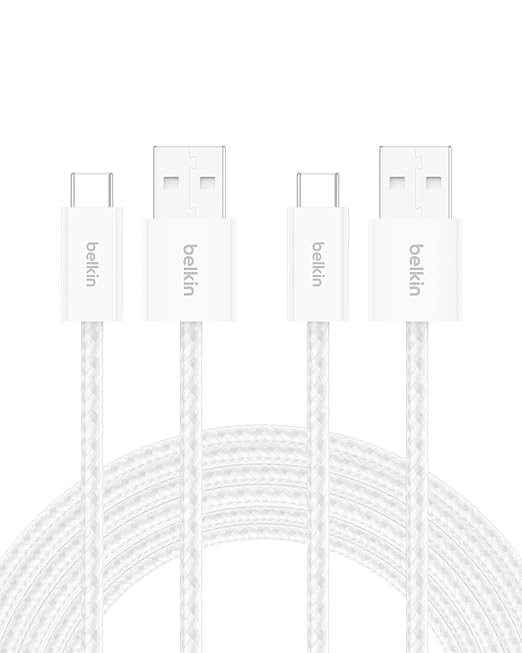 Belkin USB A to USB C Cable 2-Pack, 9.9ft, 15W - Type C Charger, iPhone Charger Cord, Soft, Braided, Flexible for iPhone 17 & 16, Galaxy S26, Pixel 10, iPad Pro, Airpods Pro, Switch & More - White