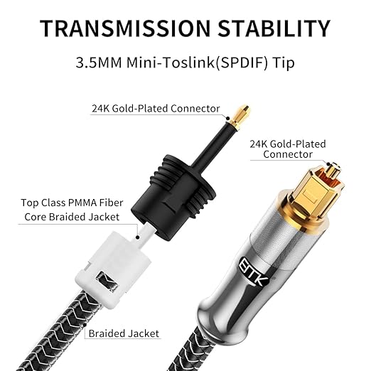 EMK 24K Gold-Plated Toslink to Mini Toslink Cable (10ft/3M) - Digital Optical Audio Cable with 3.5mm Mini Plug for Soundbar, Home Theater, TV - Silver SPDIF Fiber Optic Cord