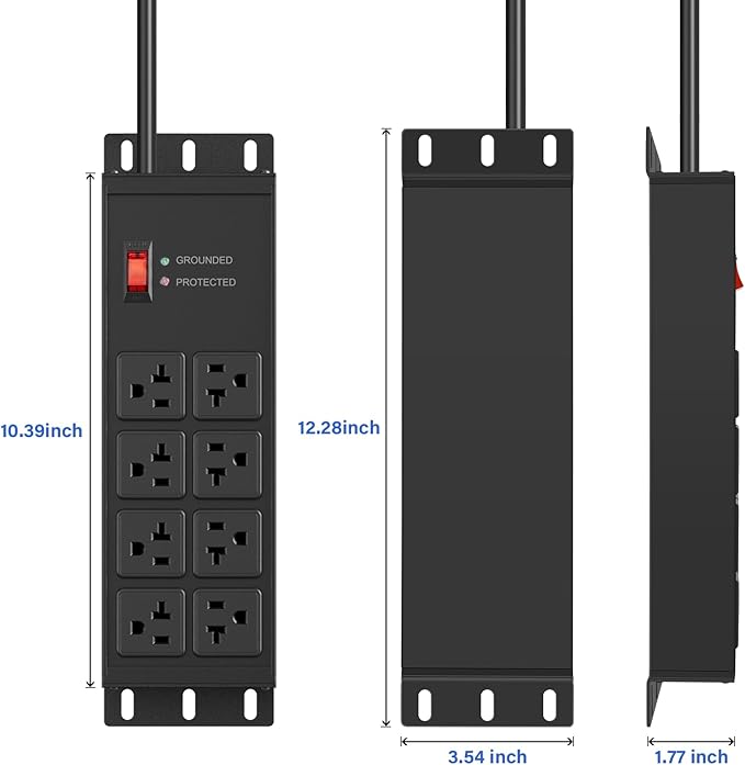 CCCEI Heavy Duty Power Strip Surge Protector 20 AMP Switch, 12 Gauge Extension Cord with Multiple Outlets, Industrial, Shop, Garage High Amp Wall Mount Electric Extender. 25FT, Black.