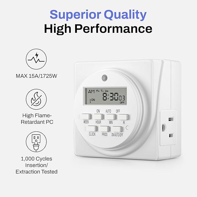 BN-LINK Indoor Digital Timer Outlet, Dual Outlet 7 Day Programmable Light Switch, 3 Prong Plug in Timers for Electrical Outlets, Lamps, Fans, 8 On/Off Programs, 2 Pack, 15A/1875W, ETL Listed