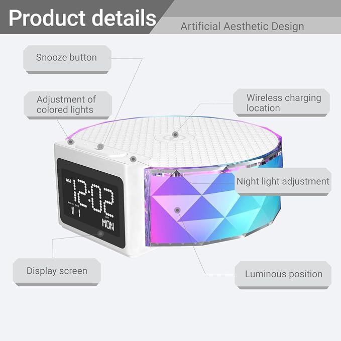 YIDPU Alarm Clock with Fast Wireless Charging 15W,Digital Alarm Clock Night Lamp for Bedroom, RGB Nightlight for 5 Colors,Snooze Mode,8 Types of Music with Cable (White)