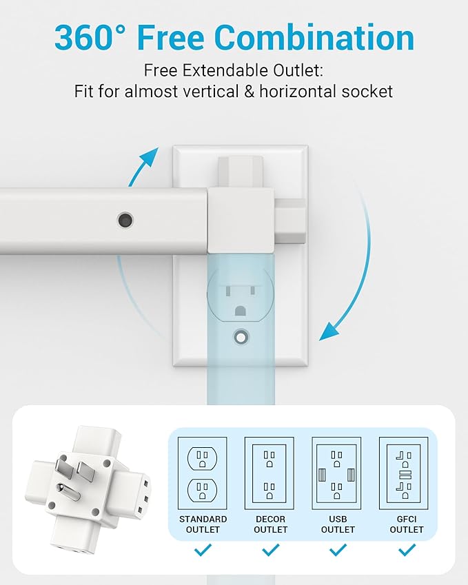 Outlet Extender Stick, 360° Rotatable Plug Expander with 2AC Outlets, 2USB-A, USB-C, 9"-36" Extendable Wall Plug for Hard-to-Reach Areas Behind Couch, Nightstands, Bed & Furniture, Dorm Essentials
