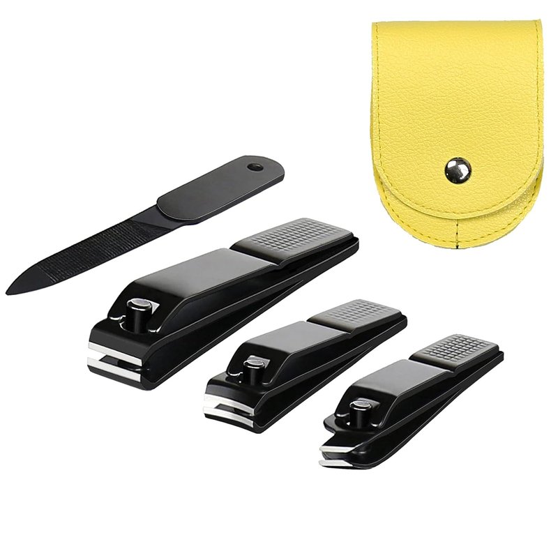 Nail Clippers Set - Ultra Sharp Stainless Steel Fingernail & Toenail Cutters with Leather Travel Pouch | 4 Pieces, Black & Yellow
