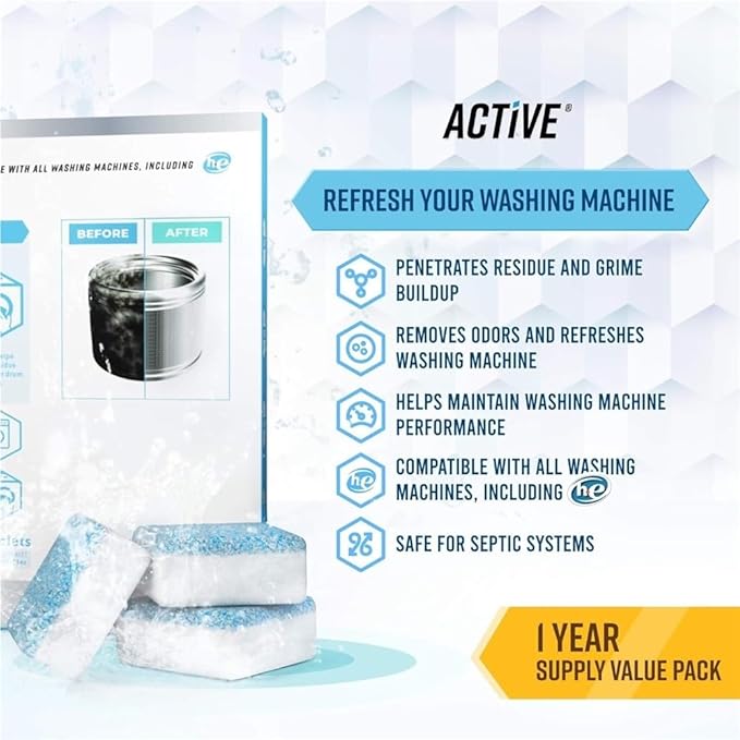 Washing Machine Cleaner Descaler 12 Pack - Deep Cleaning Tablets For HE Front Loader & Top Load Washer, Septic Safe Eco-Friendly Deodorizer, Clean Inside Drum and Laundry Tub Seal - 12 Month Supply(2C