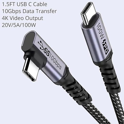 SUMPK 100W Short USB C Cable 3.1 Right Angle [1.5FT 2 Packs], 5A Fast Charging, 10GBbps High Speed Data E-Marker Chip Cords, 4K@60Hz Video Display